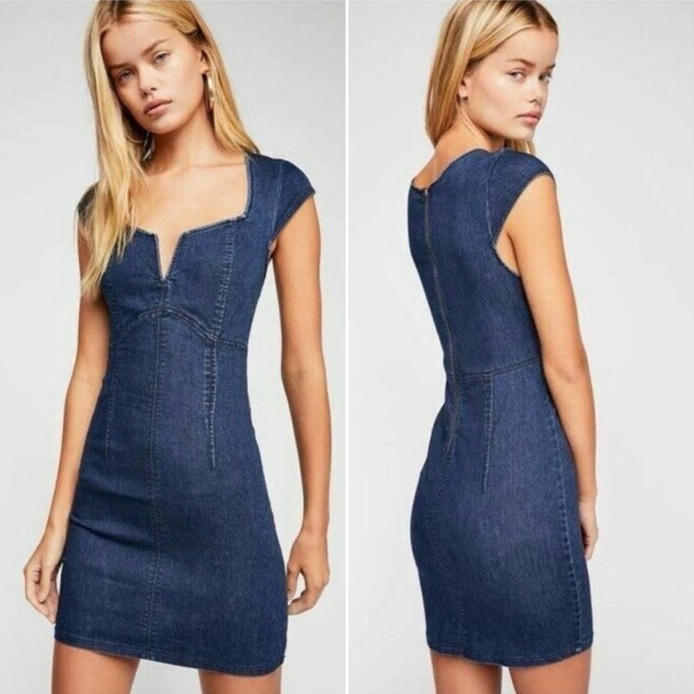 Free People Indigo Denim Notch-Neck Mini Dress